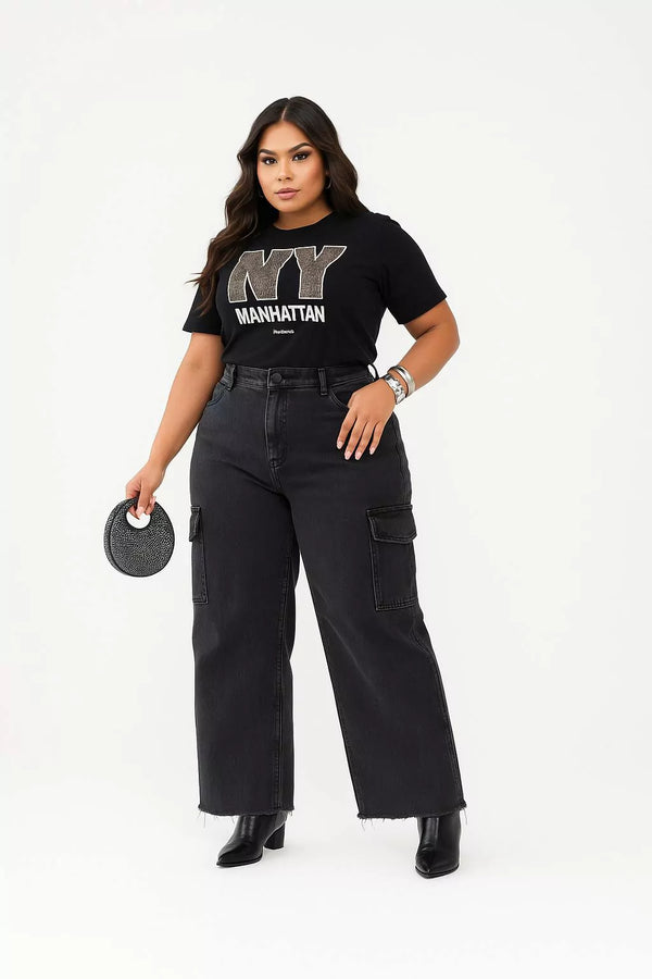 Calça Jeans PLUS SIZE WIDE LEG Preto Vintage