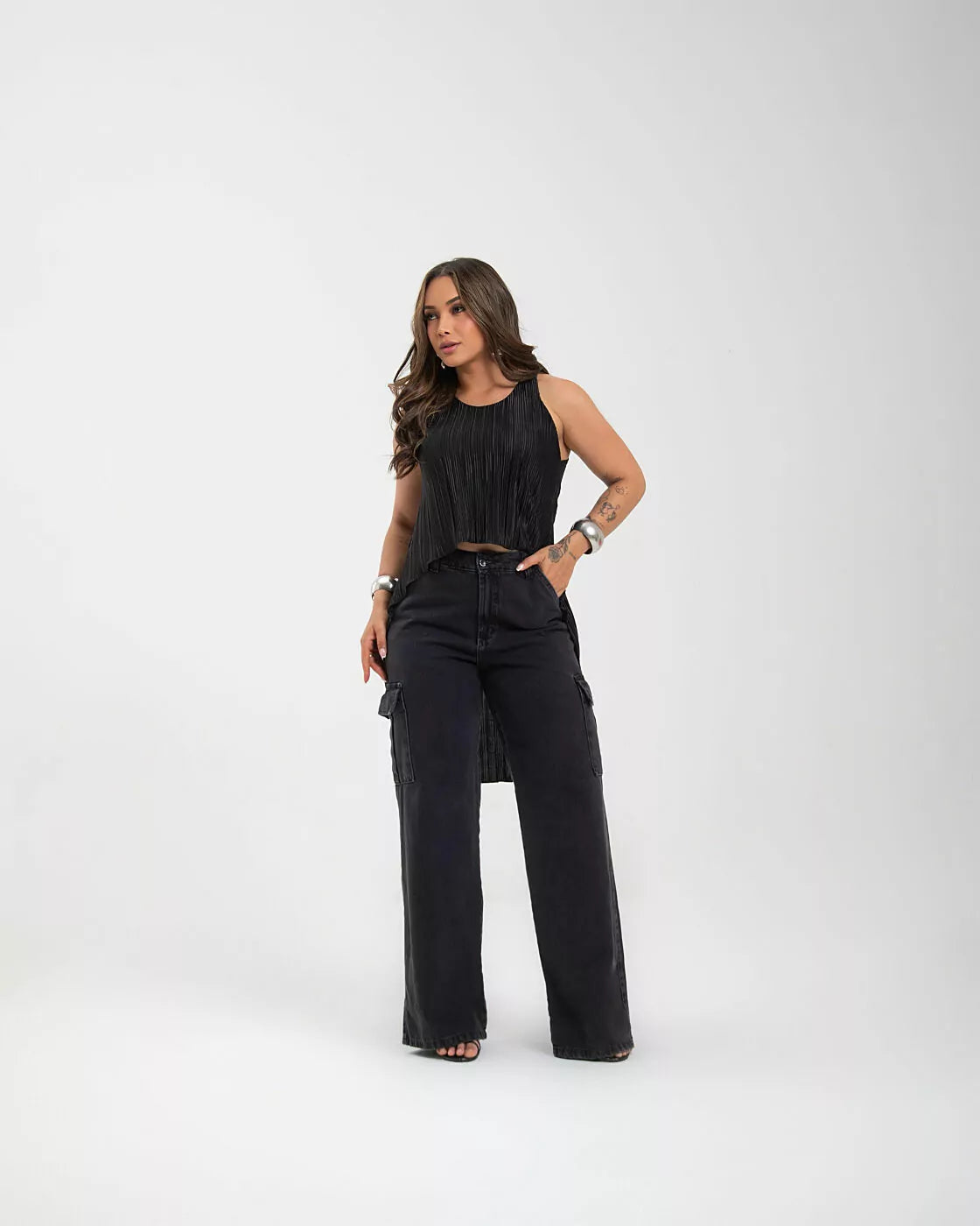 Calça Jeans WIDE LEG CARGO Preto Vintage
