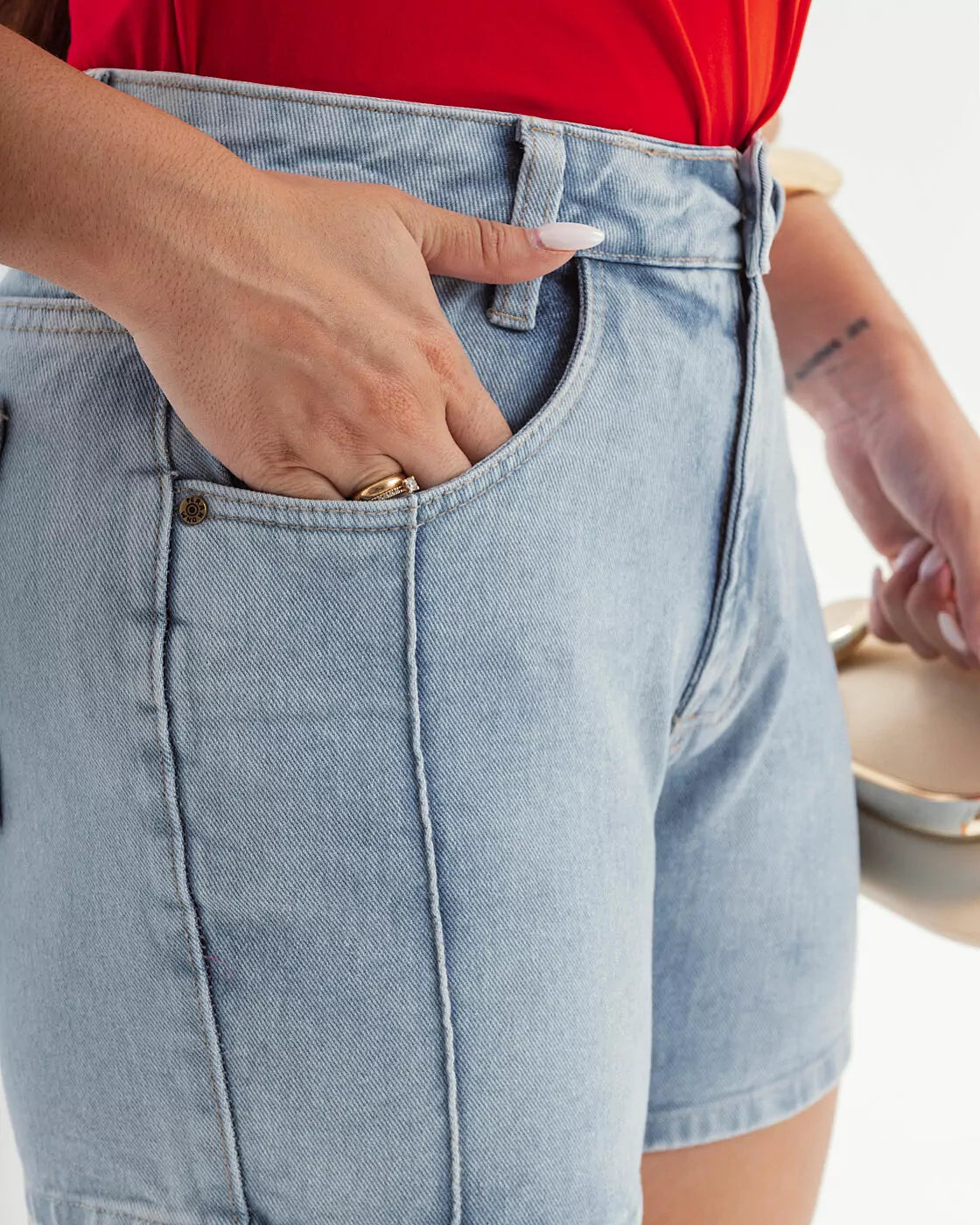 Short Jeans com Nervuras 100% Algodão